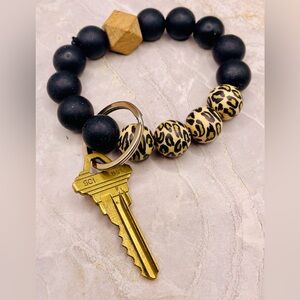 Leopard Print and Black Silicone Beaded Keychain Stretch Bracelet Wristlet